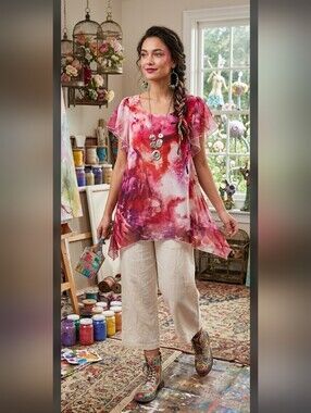 NWT One World Asymmetrical Hem Whimsical Top Blouse S #3200